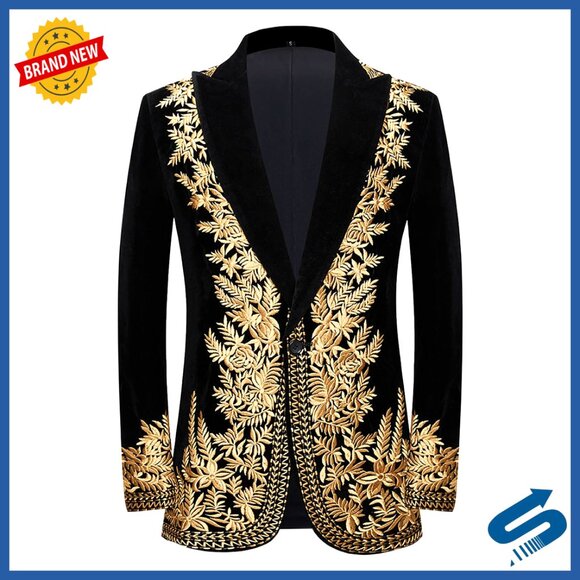 Slim Fit Velveteen Blazer with Floral Embroidery for Wedding Party